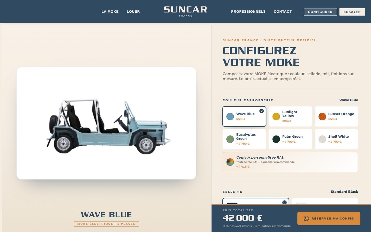 Configurateur Moke électrique développé par Sandra Delon pour SUNCAR France